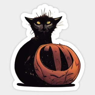 Scruffy black cat on a pumpkin Sticker